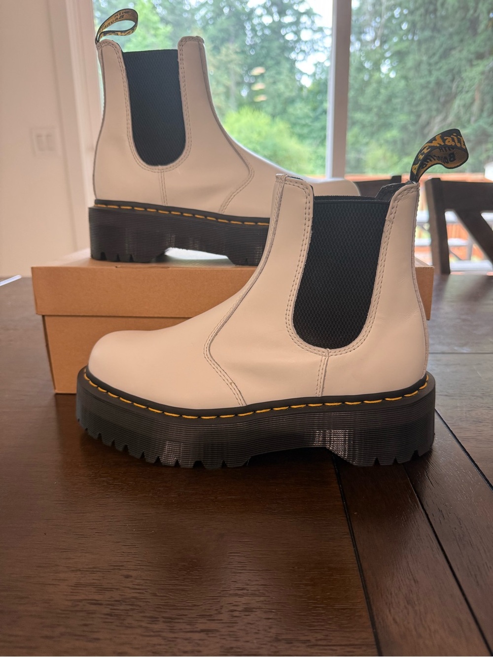 Dr. Martens White Leather Platform Chelsea Boots with Black Elastic